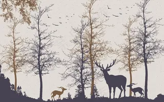 复古森林麋鹿树林飞鸟背景墙