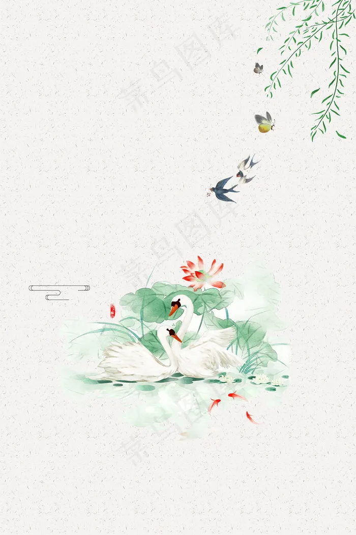 彩绘荷塘鸭子叶子海报背景设计(3543X5315(DPI:150))psd模版下载