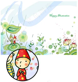 手绘精美卡通风景浪漫雨季装饰