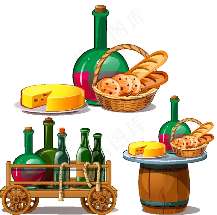 红酒面包奶酪插画eps,ai矢量模版下载