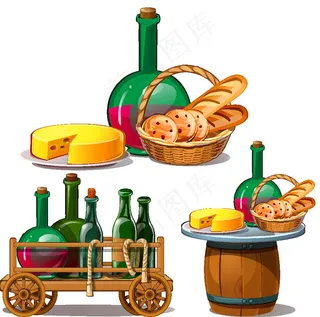 红酒面包奶酪插画