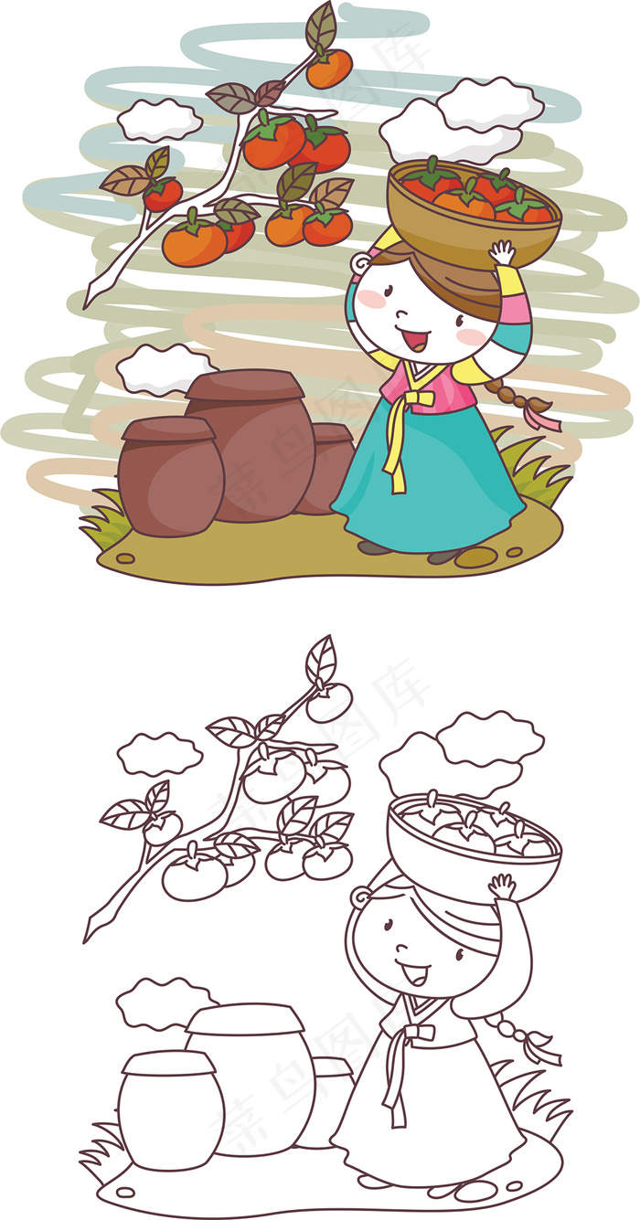 卡通采蔬菜和小姑娘ai矢量模版下载