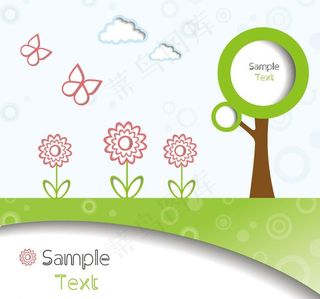 蓝天白云绿树鲜花蝴蝶 春天背景图片