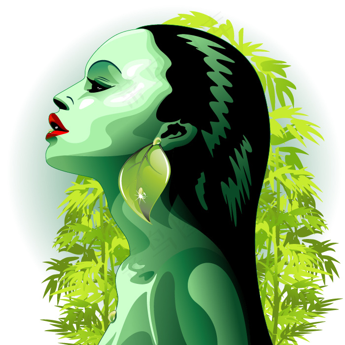 印花矢量图 人物 女人 植物 竹子...