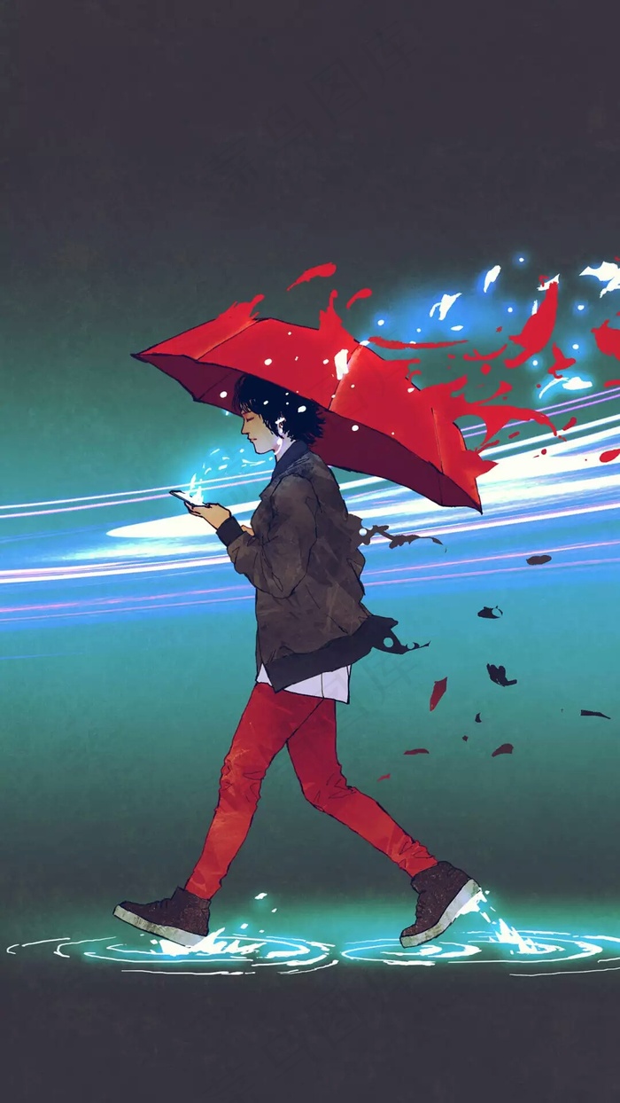 插画拿伞的人高清摄影图片