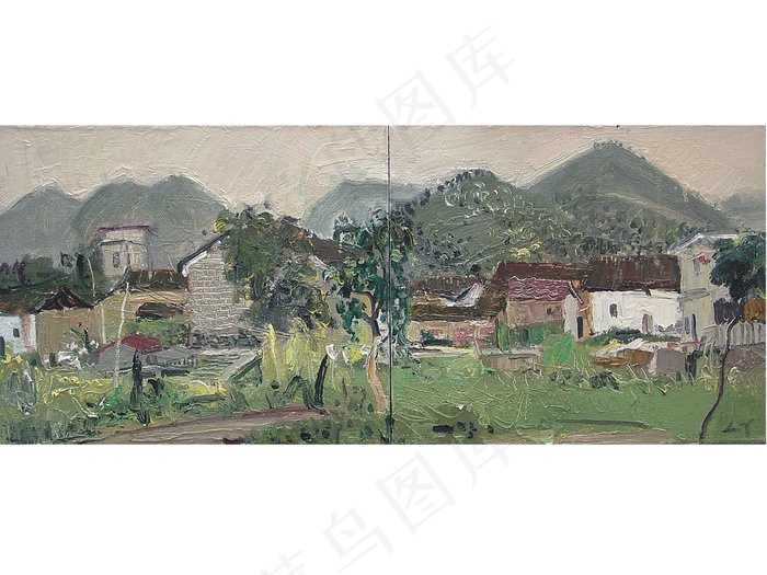 村庄风景油画
