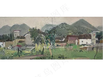 村庄风景油画
