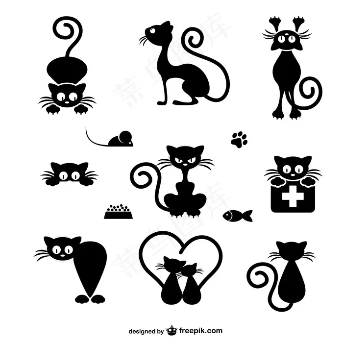 小猫剪影剪纸各种表情分层插画