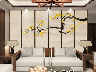 新中式电视背景墙银杏树手绘高清ps...