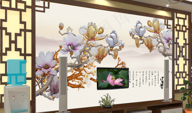 客厅仿彩雕玉兰花电视背墙图片(9071X5669(DPI:72))psd模版下载