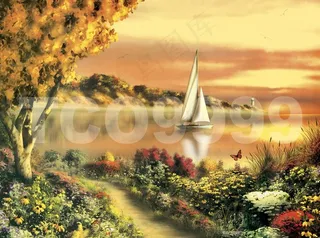 油画 手绘油画 湖边风光(50x4...