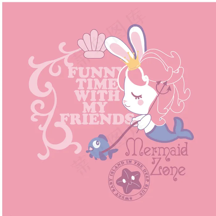 遛鱼的人鱼兔子公主ai矢量模版下载