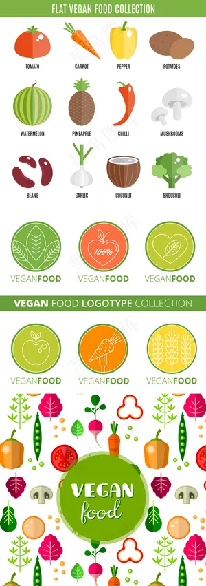 多款扁平化素食食物蔬菜矢量素材