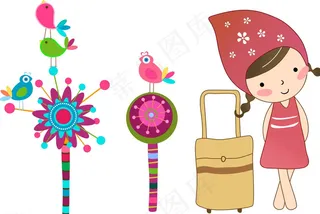 手绘花朵 小鸟 女孩图片