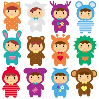 卡通生肖动物儿童插画风格人物元素矢...