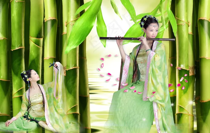 竹林花瓣古典笛声美女PSD素材(5500X3504(DPI:300))psd模版下载