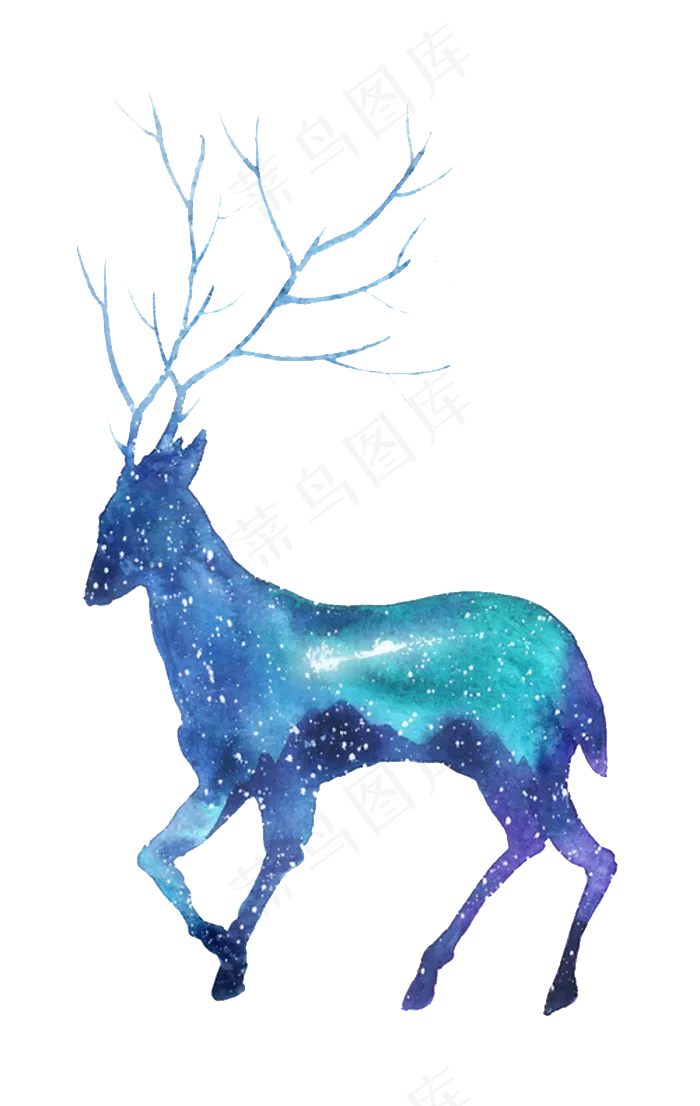 星空剪影鹿,手绘水彩鹿,小动物,剪影,星空png,梦幻手绘鹿png素材