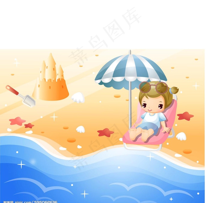 海滩小女孩图片ai矢量模版下载