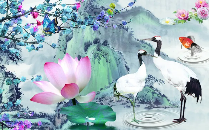 复古水墨风3D地板中国风电视背景墙(9638X6024(DPI:72))psd模版下载