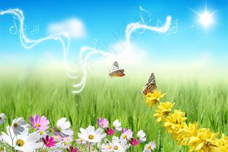 透明光线蓝天白云红花绿草光点