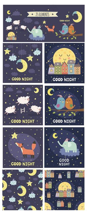 可爱手绘儿童夜晚星空月亮绵羊插画矢...