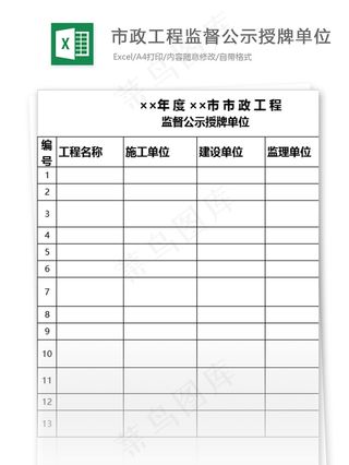市政工程监督公示授牌单位表格