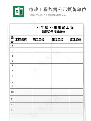 市政工程监督公示授牌单位表格