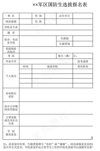 军区国防生选拔报名表