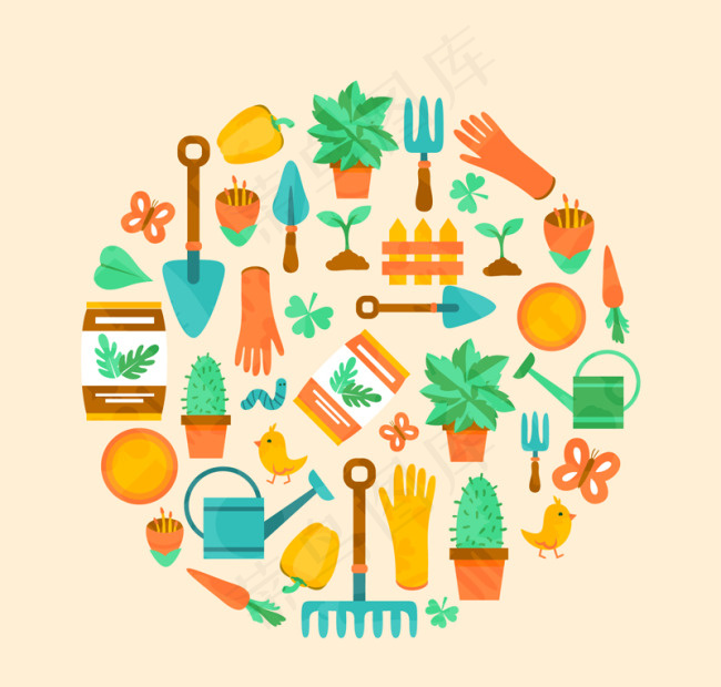 彩色园艺工具组合圆形