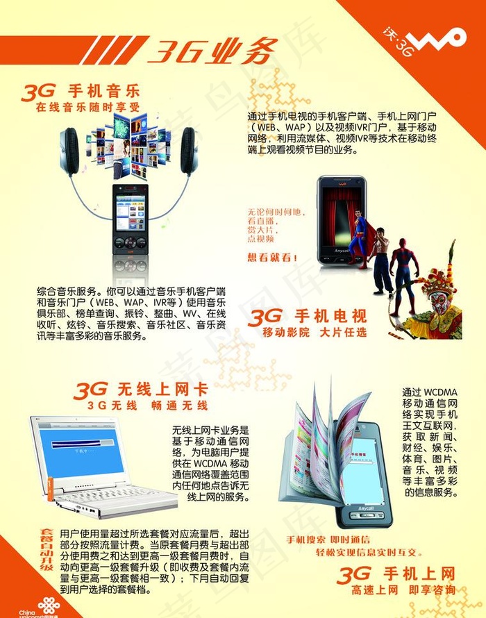 联通3g业务宣传单正图片psd模版下载