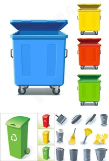 垃圾桶清洁工具矢量图