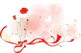 红色丝带月季枝叶图层源文件