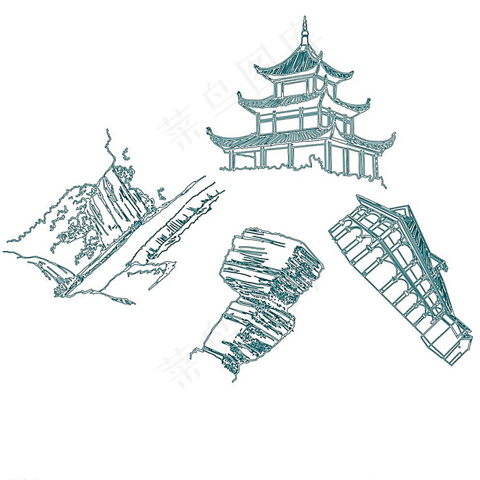 手绘名胜景区图片ai矢量模版下载