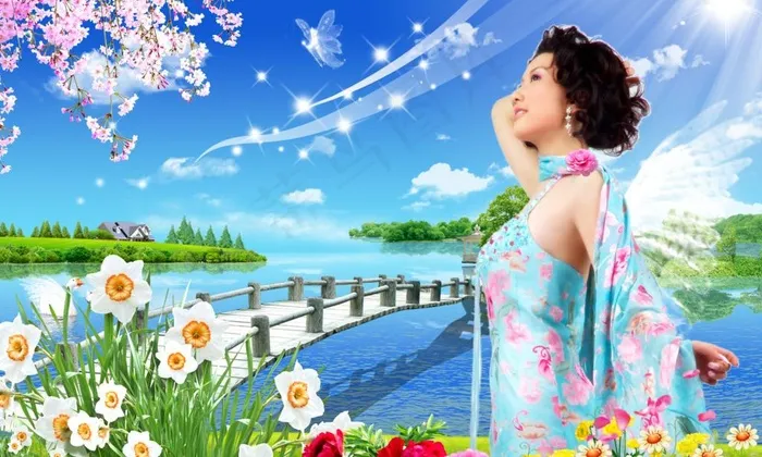 湖畔美女图片(3500X2300(DPI:300))psd模版下载