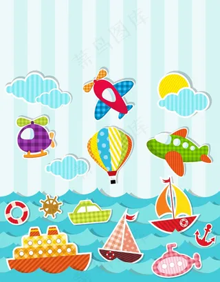 海洋交通工具飞机热气球云朵轮船