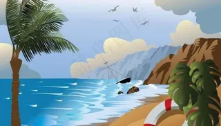 卡通狂风中海滩风景图片