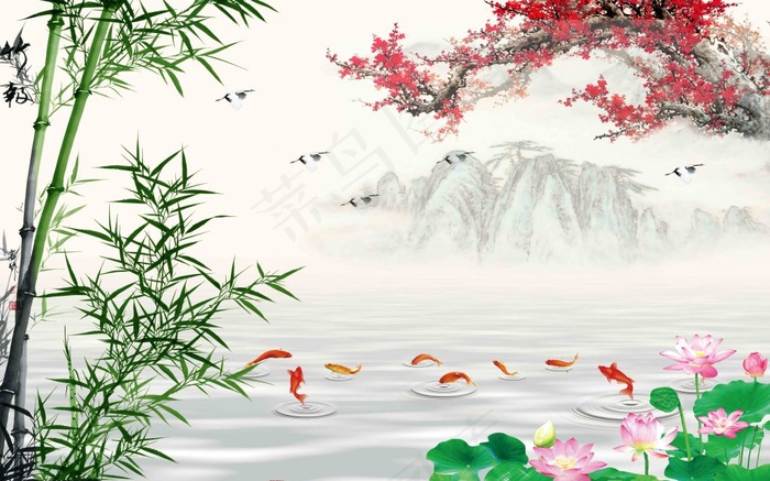 中式梅花竹子九鱼背景墙