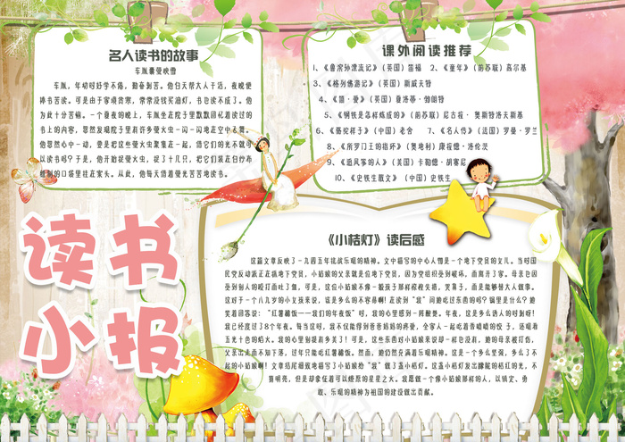 绿色清新手绘学生读书小报手抄报模板(4961X3508(DPI:300))psd模版下载