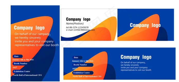 蓝橙色调 展会邀请函名片