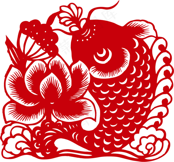 荷花鲤鱼剪纸矢量素材