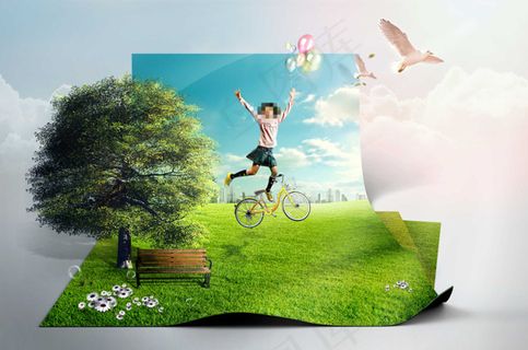 草地上的绿树和骑车的女孩