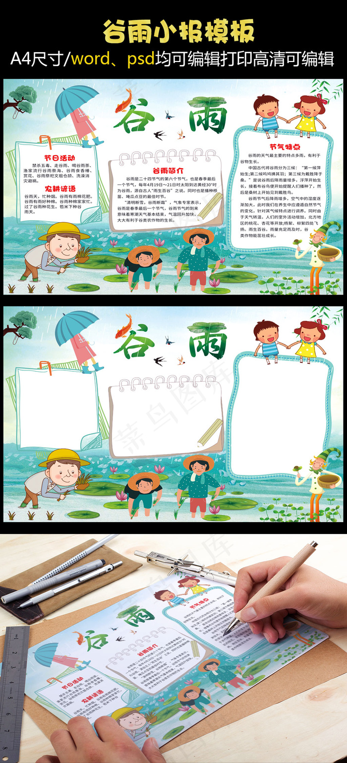 小清新风谷雨小报psd模版下载