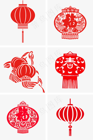 新年剪纸大红色灯笼,免抠元素