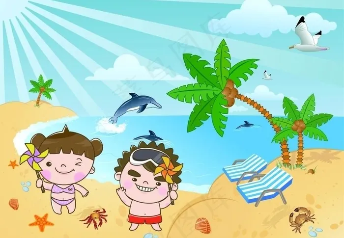 海滩风景图片ai矢量模版下载