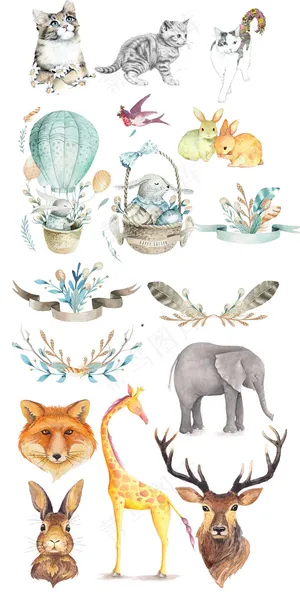 唯美手绘卡通动物淘宝素材