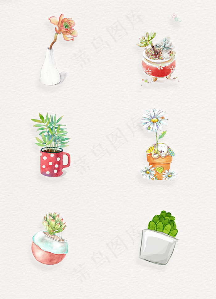 手绘植物多肉盆栽png素材