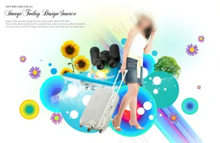 美女夏季卡通旅游风景psd素材