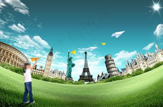 草地上的名胜建筑和女孩