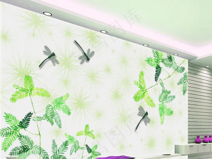 绿色清新优雅蜻蜓树手绘水彩家居背景...(9080X5675(DPI:72))psd模版下载