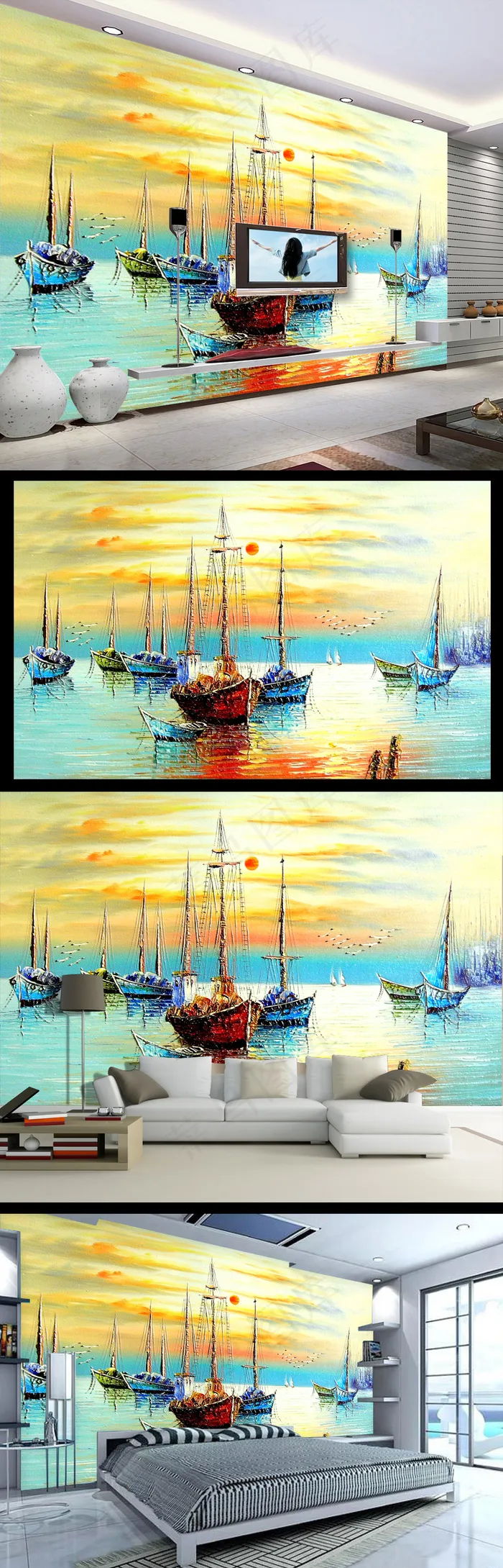 唯美油画起航一帆风顺海景电视背景墙(9071X5669(DPI:72))psd模版下载